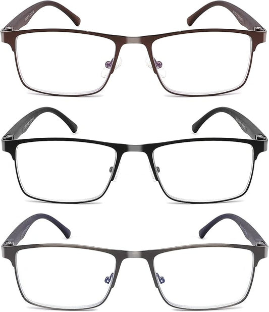 CRGATV 3-Pack Reading Glasses for Men Blue Light Filtering Full Frame Metal Readers Anti Uv/Eye Strain/Glare
