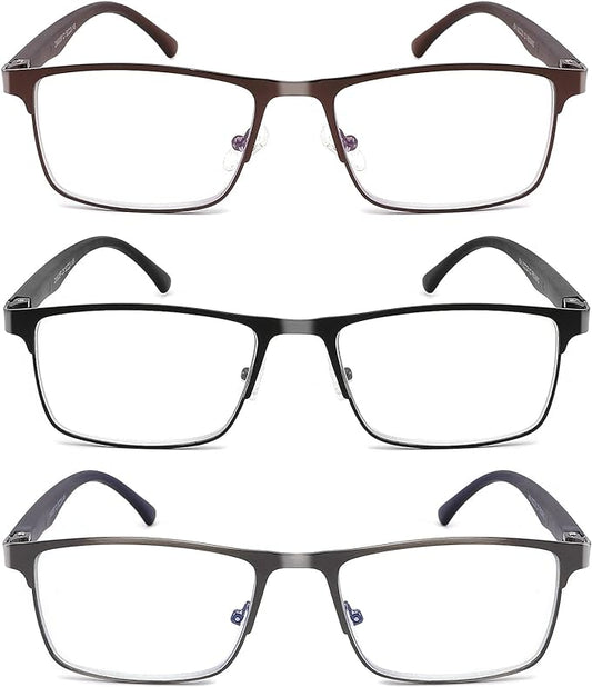 CRGATV 3-Pack Reading Glasses for Men Blue Light Filtering Full Frame Metal Readers Anti Uv/Eye Strain/Glare
