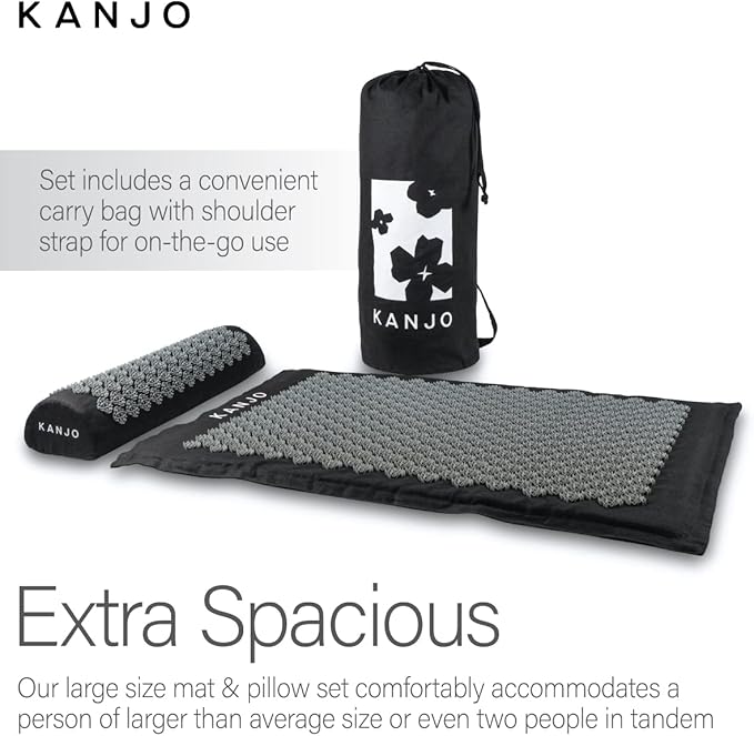 Kanjo Acupressure Mat and Pillow Set for Back Pain Relief & Neck Pain Relief, with Pressure Points for Muscle Pain Relief with Travel Bag - Black XL