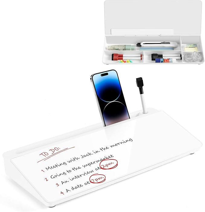 VUSIGN Glass Desktop Whiteboard with Storage, Small Organizer Dry Erase Board Desk Board Buddy White Board, Desktop Computer Pad for Notetaking, Desk Whiteboard for Office, Home, School Supplies