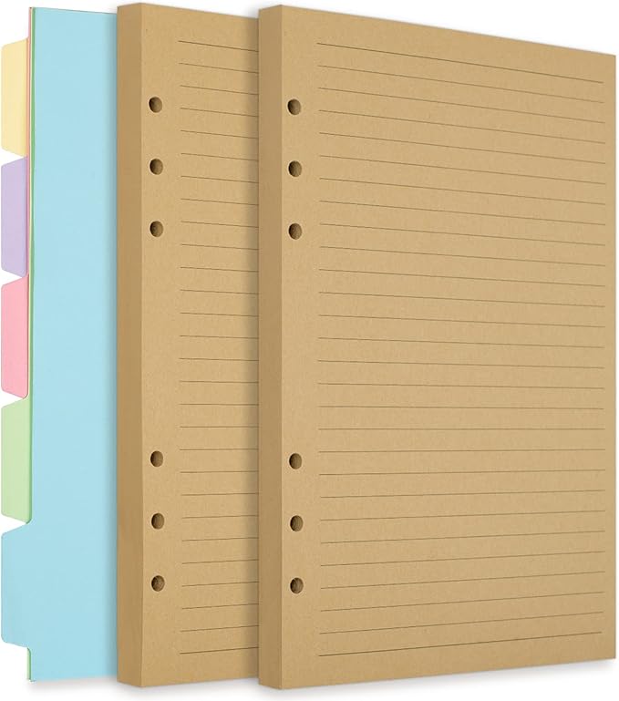 A5 Refill Paper, Planner Inserts for A5 Binder Budget Planner Journals Notebook, 6 Ring Loose Leaf Lined Paper with Binder Dividers, 240 Pages (A5, Light Brown Paper)