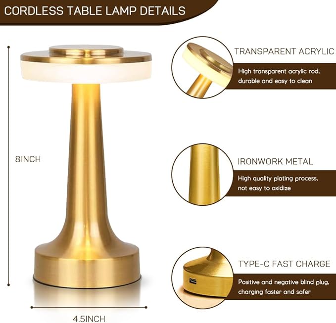 Cordless Metal Desk Lamp, Touch Sensor Control LED Table Lamp,3 Color Stepless Dimmable Battery Powered Lamp for Living Room, Dorm, Home Office (Gold)