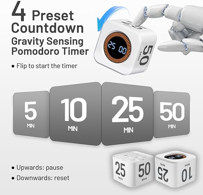 Rotating Pomodoro Timer, 5/10/25/50 Minutes, Countdown & Stopwatch, Desk Productivity, ADHD Tool Cube Flip Timer, Adjustable Silent, for Study, Work, Kitchen (White)