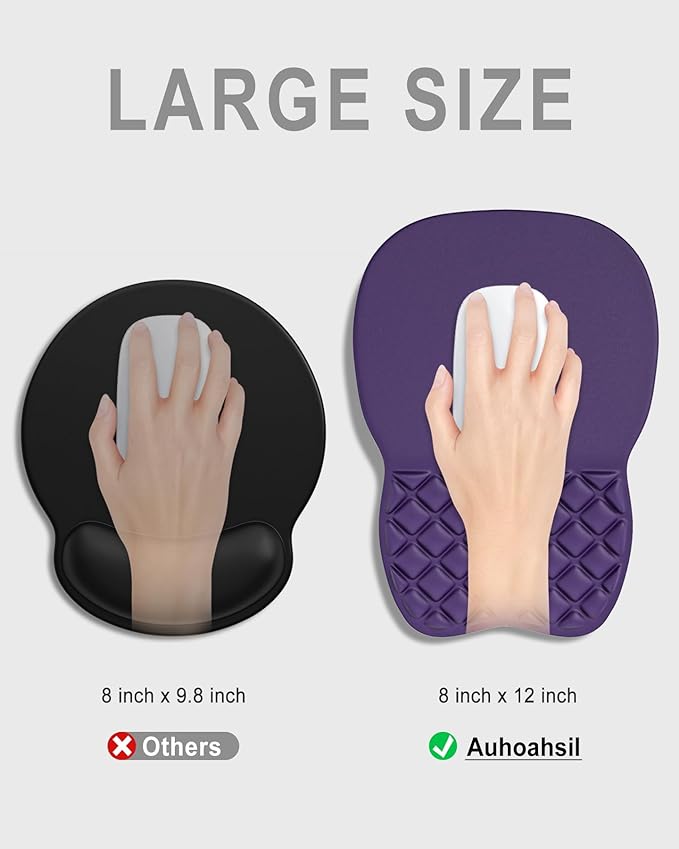 Auhoahsil Ergonomic Mouse Pad with Wrist Rest, Comfortable Slope Computer Mouse Mat with Wrist Support, Memory Foam Filling, Non-Slip Silicone Base, Pain Relief, for Gaming & Work, 8 x 12 in, Purple