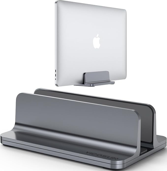 Aluminum Vertical Laptop Stand for Desk - Adjustable Width Dock for MacBook, Surface, Samsung, HP, Dell up to 17.3 inches - Space-Saving & Protective Design - Gray