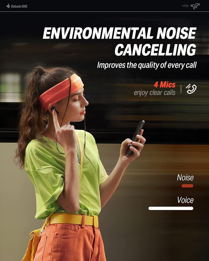 Donner Noise Cancelling Wireless Earbuds, Bluetooth 5.2 Earphones with 4 Mic Clear Calls, 12mm Drivers, App for Custom EQ, 32H Playtime, Fast Charging, Transparency - Dobuds ONE,Black