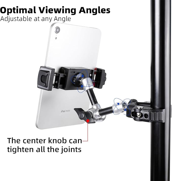 Tablet Holder for Microphone Stand, Aluminum Mic Music Stand Mount for iPad and iPhone, Adjustable Tablet Holder with Super Handle Clamp Compatible with 4.7 to 13 inch Tablets & Phones