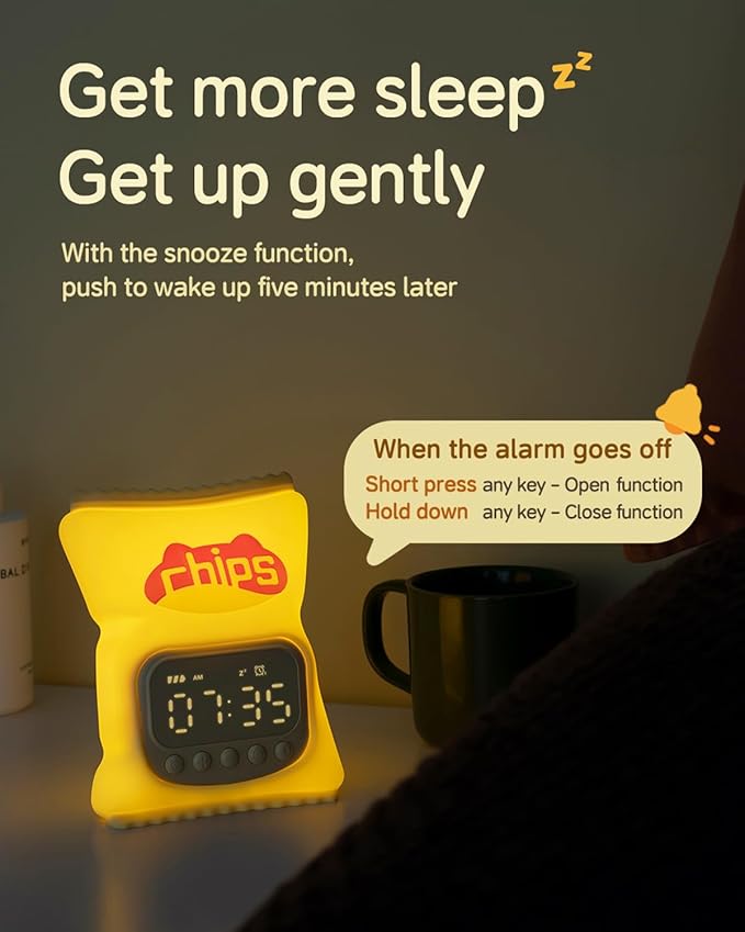 Chips Alarm Clock with Night Light for Kids, Cute Toddler Alarm Clocks for Bedrooms Ok to Wake Clocks for Girls and Boys, Rechargeable Silicone Animal Tabletop Lamp for Kid
