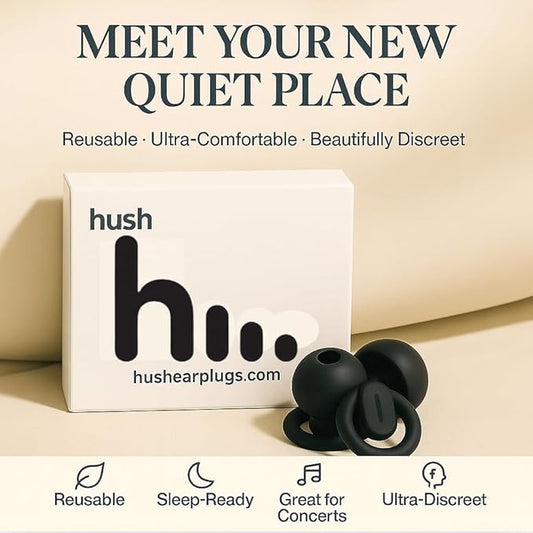 Hush Earplugs – Reusable Noise-Reducing, Earplugs for Sleep, Snoring, Focus, Work, Travel, Parenting & Sensory Relief | 21dB Hearing Protection | Custom Fit & All-Day Comfort