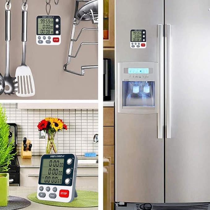 Digital Dual Kitchen Timer, 3 Channels Count Down/Up Triple Timer for Cooking, Magnetic Memory-Preset Large Display Adjustable Alarm Volume, Multi Times Management, 3A Battery Included, White