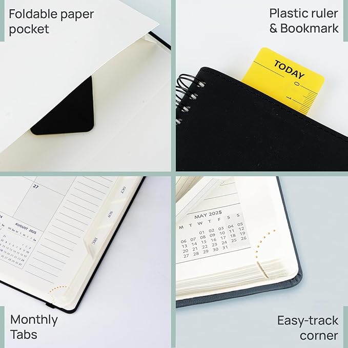 POPRUN Daily Planner 2025-2026 One Page per Day (6'' x 8.5'') with Spiral Bound Leather Soft Cover, Academic Year Appointment Book (Jul.2025 - Jun.2026) with Hourly Slots, Inner Pocket- Midnight Green