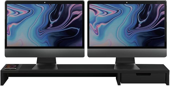POUT E9 Dual Monitor Stand with Drawer - Wireless Charger and USB Hub (Deep Black)