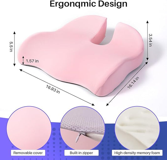 Seat Cushion for Office Chair, Large Thick Seat Cushion for Tailbone Pain Relief, Sciatica & Back Support, Memory Foam Office Chair Cushion for Long Sitting, Coccyx Cushion for Car, Wheelchair (Pink)