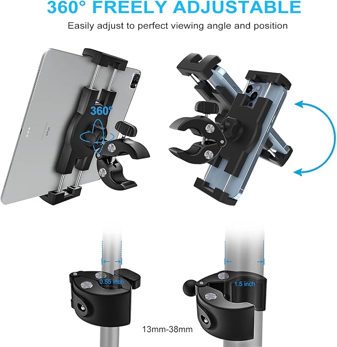 Stroller Tablet Holder for Baby, Phone iPad Holder Mount Handlebar Clamp for Golf Cart, Wheelchair, Scooter, Gym Bicycle, Workout Equipment, Tripod for iPad Pro 12.9, Air, Mini, Tabs, iPhone (4.7-13")