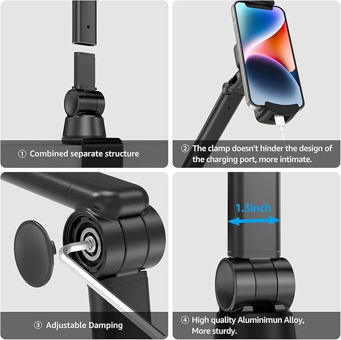 BEWISER Tablet Stand Holder Desk Mount,360°Rotating Flexibly, Angle Adjustable Long Arm, Folding Aluminium Alloy Compatible with4.7-13" Phone or Tablet in Kitchen/Office(Black)