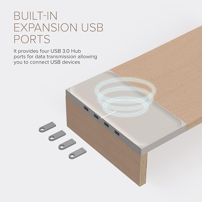 POUT E9 Dual Monitor Stand with Drawer - Wireless Charger and USB Hub (Maple White)