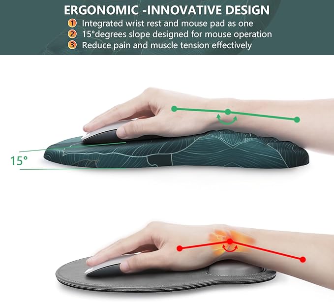 Mouse Pad Wrist Support, Ergonomic Mouse Pad with Wrist Rest, Comfortable Computer Mouse Pad for Laptop, Pain Relief Mousepad with Non-Slip PU Base Banana Leaf Green