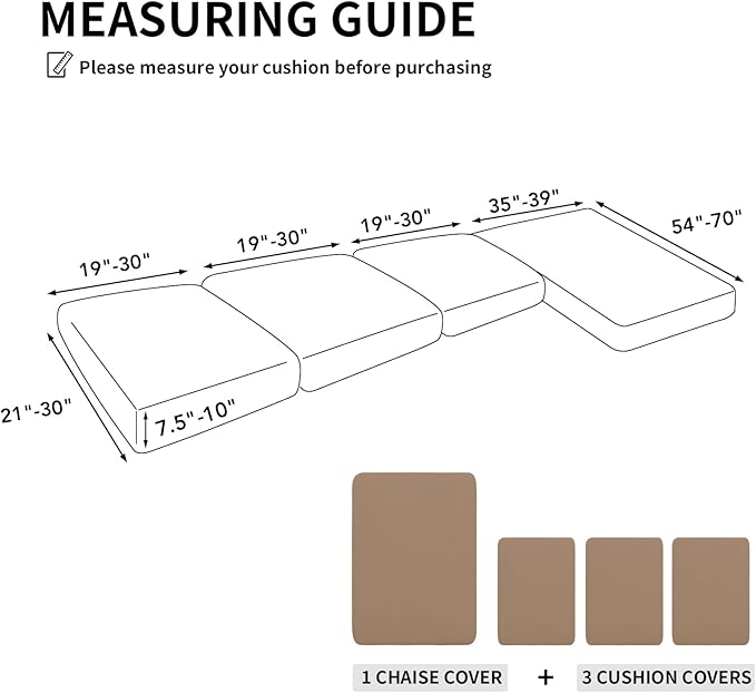 Easy-Going 100% Waterproof 4 Pieces Couch Cushion Covers for Sectional Sofa Left/Right L Shape Chaise Lounge Sofa Seat slipcover Anti-Slip Sofa Cover (3 Seater + 1 Chaise, Camel