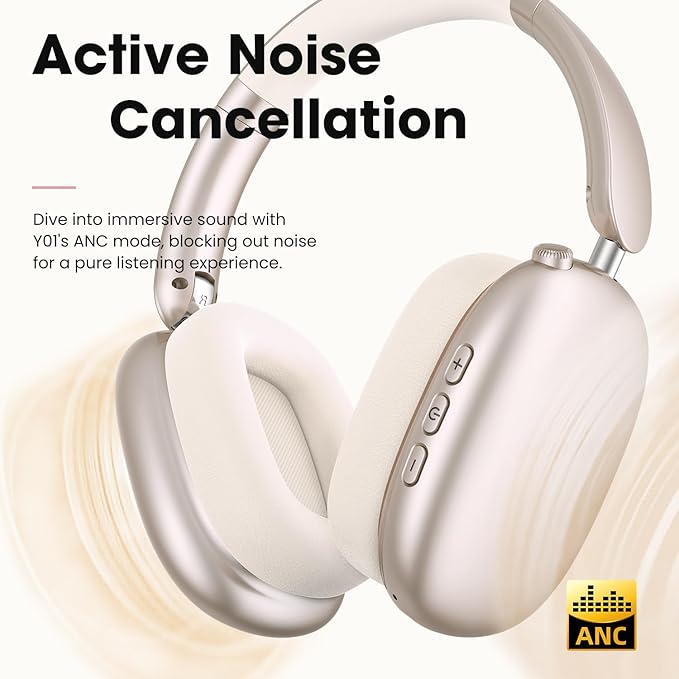 Y01 Wireless Over Ear Headphones, Noise Canceling Bluetooth 5.3 Headphones with Microphones,Hi-Res Audio,48H Playtime,Foldable,Breathable Soft Earpads for iOS/Android/Samsung/PC-Starlight
