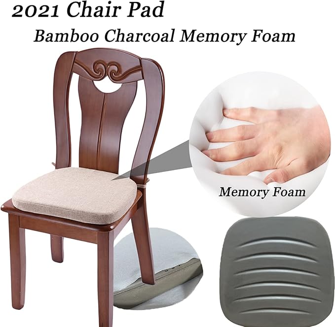 Chair Cushion with Ties for Dining Chairs - Memory Foam Non Slip Kitchen Chair Pad and Dining Seat Cushion with Machine Washable Cover [16.5 x 16.2 Inches] - Dark Beige