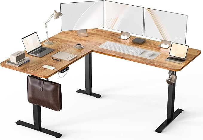 63 x 55 inch L Shaped Standing Desk, Corner Computer Desk, Electric Adjustable Height Stand Up Table, L Sit Stand Desk for Home Office Gaming, Light Brown