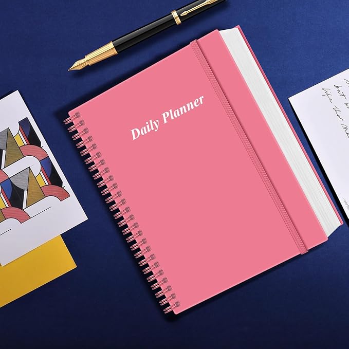 Daily Planner Undated - A4 To Do List Notebook Hourly Schedules, Spiral Appointment Planner for Women and Men,PVC Hardcover, Inner Pocket, Elastic Closure, 8.5" x 11", Pink