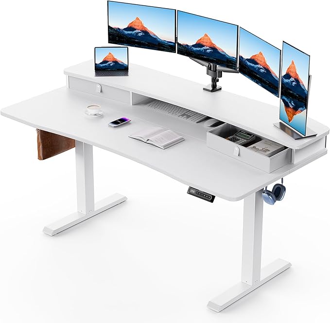 HUANUO 60″ x 30″ Electric Standing Desk with 2 Drawers, C-Clamp Mount Compatible, Height Adjustable Computer Desk, Home Office Stand Up Desk with 4 Preset Heights & 2 Hooks, White