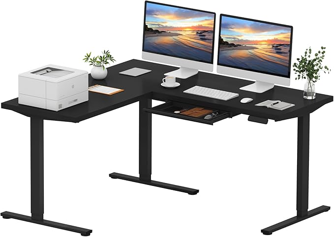 SANODESK L Shaped Electric Standing Desk with Drawer, 63 Inch Ergonomic Adjustable Height Desk with Storage, Corner Desk Sit Stand up Computer Table for Work Office Home, Black