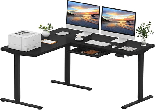 SANODESK L Shaped Electric Standing Desk with Drawer, 63 Inch Ergonomic Adjustable Height Desk with Storage, Corner Desk Sit Stand up Computer Table for Work Office Home, Black