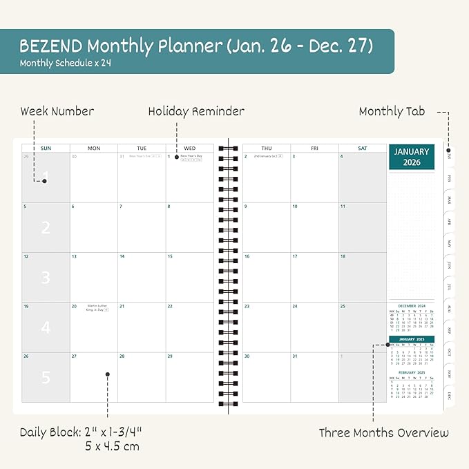 BEZEND Monthly Planner 2026-2027 (Spiral-8.5" x 11") 2 Year Calendar Book with Note Pages - Jan 26 to Dec 27-120 GSM Paper, Inner Pockets, Laminated Tabs, Vegan Leather Softcover - Mint Green