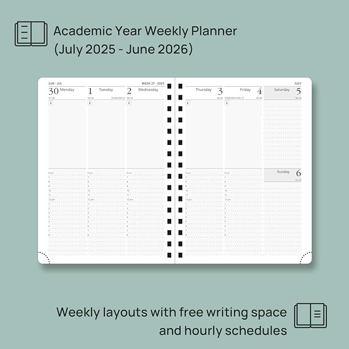 POPRUN Academic Planner 2025-2026 (July 2025-June 2026), Daily Weekly and Monthly Appointment Book (Wirebound Hard Cover - 6.25'' x 8.5'') with Hourly Time Slots, Tabs, 100 GSM - Violet