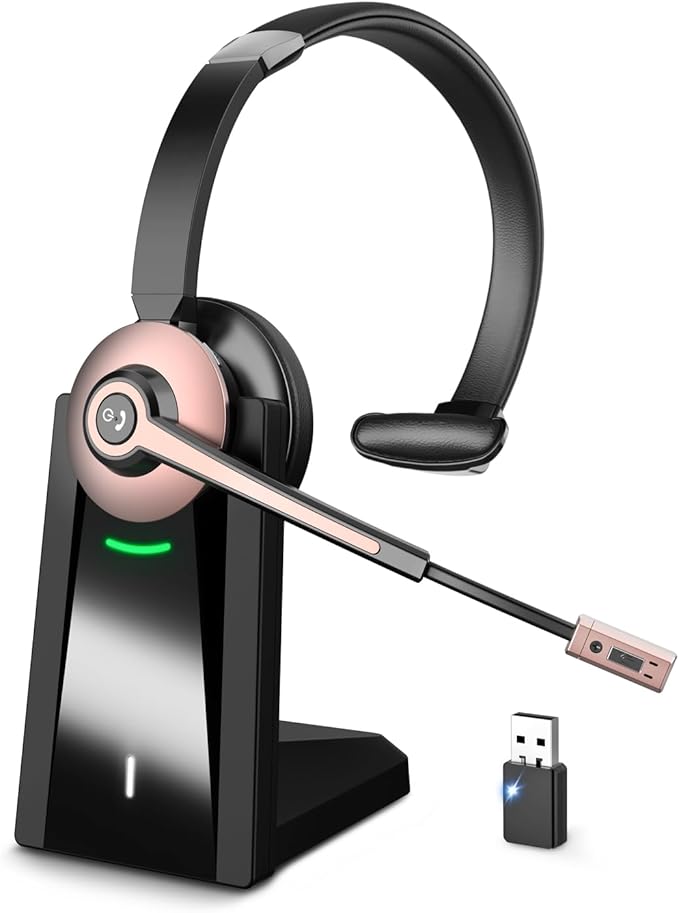 Wireless Headset with Mic for Work, Bluetooth Headset with Microphone Noise Cancelling & Mic Mute, Wireless Headphones with USB Dongle & Charging Base for Work/Home/Computer/Call Center/Office/Zoom