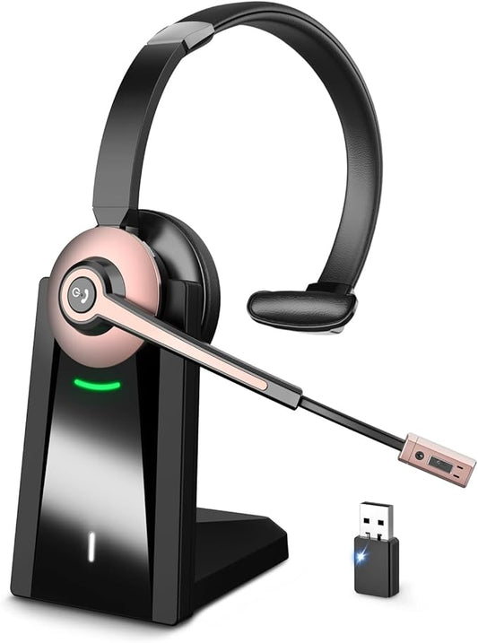 Wireless Headset with Mic for Work, Bluetooth Headset with Microphone Noise Cancelling & Mic Mute, Wireless Headphones with USB Dongle & Charging Base for Work/Home/Computer/Call Center/Office/Zoom