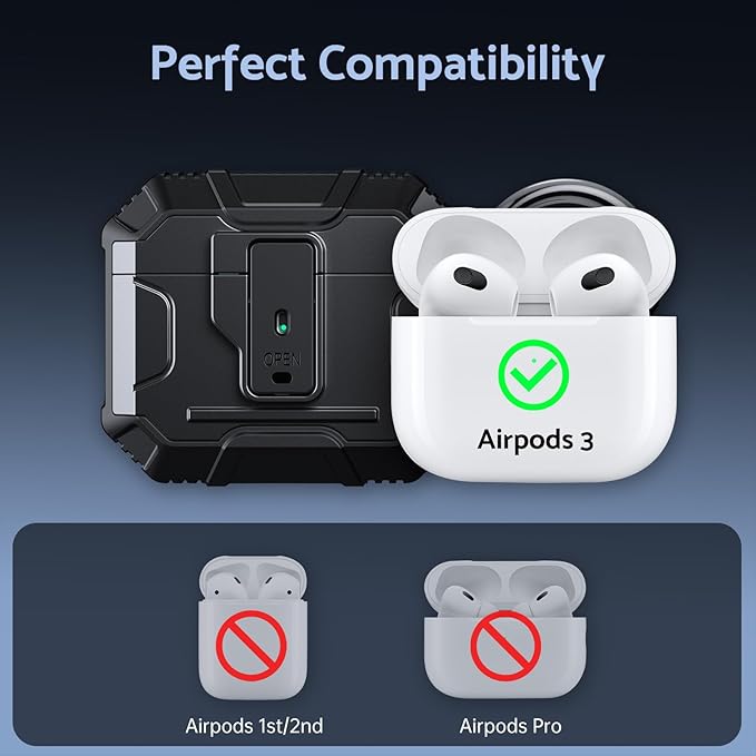 DASFOND Armor Cover Airpods 3 Generation Case, Military Grade Full Body Shockproof Protection Hard Case, Support Wireless Charging with Keychain, Magnetic Lid, Front LED Visible, Black