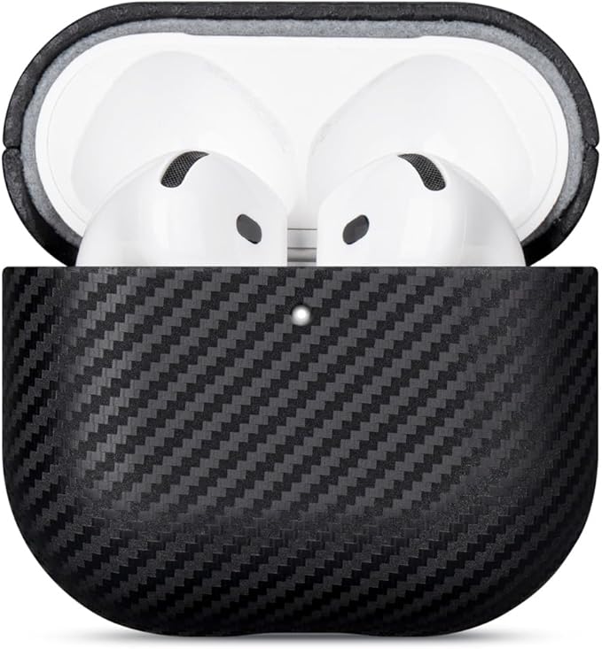 Leather Case - for AirPods 4 / AirPods 4 with Active Noise Cancellation Case Cover - Selected Skin-Friendly Leather, with Carbon Fibre Texture, Handmade Drop Protective Hard Cover - Black