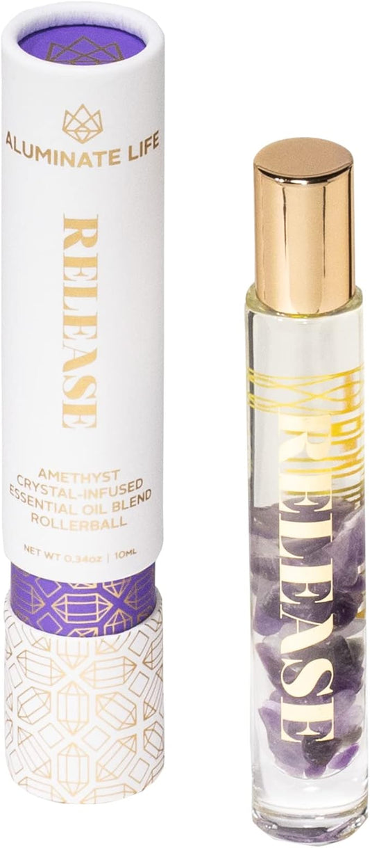 Essential Oil Rollerballs, .34 OZ, Release - Amethyst Crystal Infused - Scent of Lavender, Bergamot, & Frankincense - Aromatherapy Roll On Oils, Skin Care, Massage