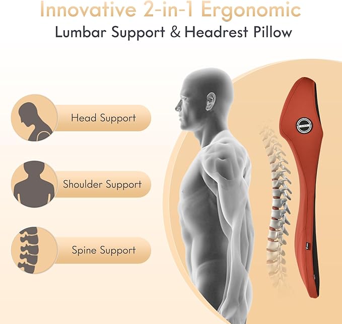 FLORICH 2-in-1 Lumbar Support with Headrest Pillow for Car Ergonomic Memory Foam Car Seat Back Cushion Integrated Lumbar Pillow with Car Neck Pillow for Driving Seat Relief Back Sciatica Pain, Red