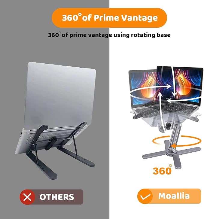 Laptop Stand with 360 Rotating Base, Computer Notebook Laptop Riser Metal Holder for Desk Collaborative Work, Fully Foldable for Easy Storage, Fits All MacBook, Laptops up to 16 inches, Grey