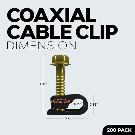 Coaxial Cable Clips with Pre-Inserted Screw (200 Pack) – Black Single Cable Mounting Clamps for Coax Cable (RG6, RG59) and Ethernet Cable – Cord Fastener/Strain Relief Clip