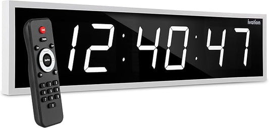 Ivation Huge Oversized 48" Large Digital LED Clock | Big Digital Clock w/Multi-Function Display – Stopwatch, Timer, Alarms, Temp & Date | 6 Brightness Levels, Time Memory & Remote (White)