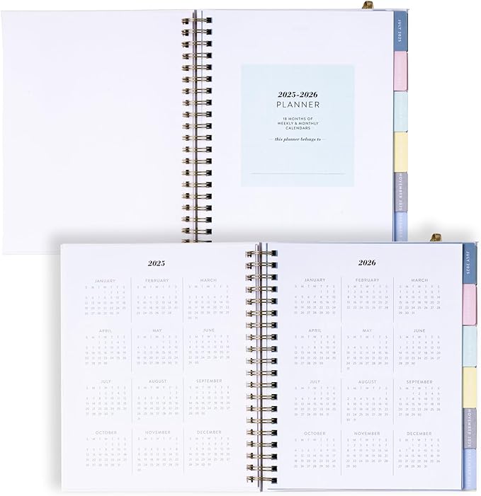 2025-2026 Eccolo Large Spiral Agenda Planner, Hardcover, Weekly & Monthly Views, 18 Tabbed Months, Inspiring Graphics and Quotes (Extra Large - 9" x 10.5")