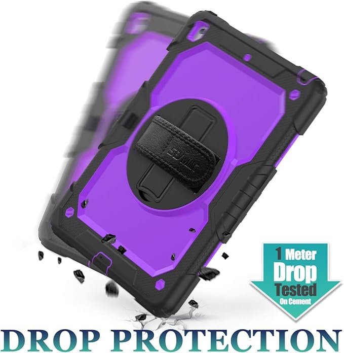 SEYMAC stock Case for iPad 9th/ 8th/ 7th Generation 10.2'', Shockproof with Screen Protector, Pencil Holder [360° Rotating Hand Strap] & Stand, for iPad 10.2 inch 2021-2019 (Purple+Black)