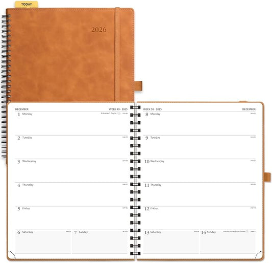 POPRUN 2026 Planner Weekly Notebook Calendar (Jan-Dec), Large Size 8.5'' x 10.5'' - Agenda 2026 Appointment Book with Monthly Tabs, Inner Pocket, Spiral Soft Cover, 100 GSM - Brown