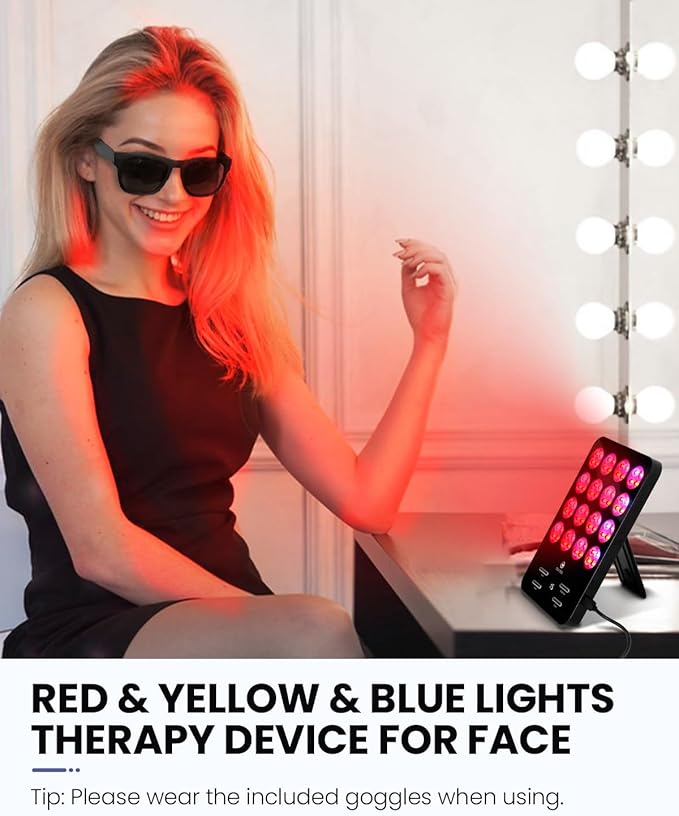 CooCoCo Red Light Therapy, Face Light Therapy Panel with Stand, 630nm Red, 590nm Yellow and 460nm Blue Lamp, Protective Goggles, 6 Modes, Gifts for Women Men (Corded)