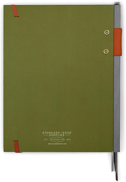DesignWorks Ink Standard Issue Planner Notebook No. 3 Journal with 192 Lined Pages, Elastic Closure, Pen Holder, and 3 Ribbon Marker for Work, Writing, Journaling - Army Green Chili