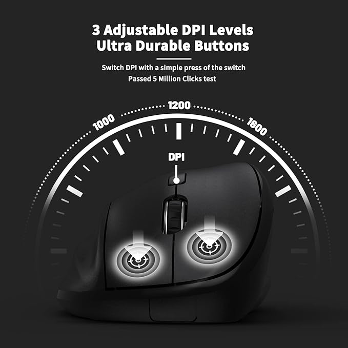 Ergonomic Wireless Mouse with USB Receiver for PC Computer, Laptop and Desktop, Ergo Mouse Vertical with Silent Clicks Long Battery Life, Up to 1600 DPI & 1 AA Battery Powered, Black