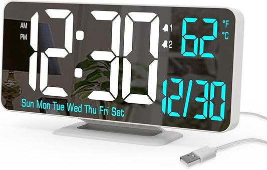KOSUMOSU Digital LED Clocks for Bedrooms 6.7in White Alarm Clock, Dimming, 12/24h, Date, Day of Week,Temp,Desk Clock, LED Clock for Bedside, Digital Calendar Clocks for Living Room Essentials