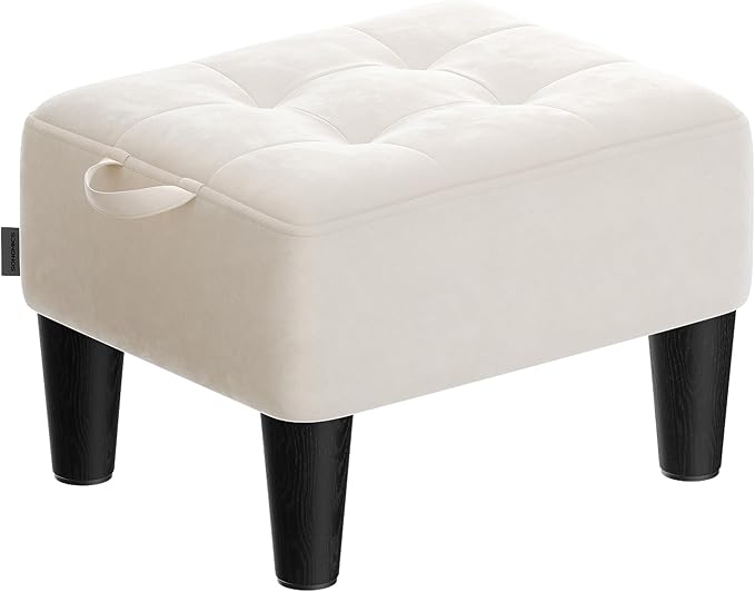 SONGMICS Foot Stool with Legs, Small Footstool Ottoman, Velvet Seat with Thick Cushion, for Living Room, Bedroom, Entryway, 330 lb Weight Capacity, Cream White ULOM501W01