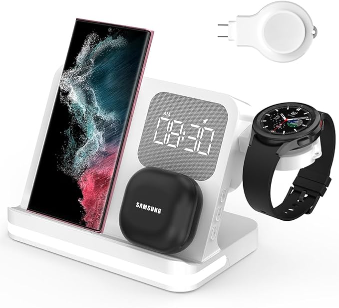 IHAO 3in1 Multi Functional Wireless Charging Station with Digital Alarm Clock 15W Fast Charge Night Light Wireless Charger for All Qi Phone and Earbud Headphone Compliant with i-Watch-B22 White