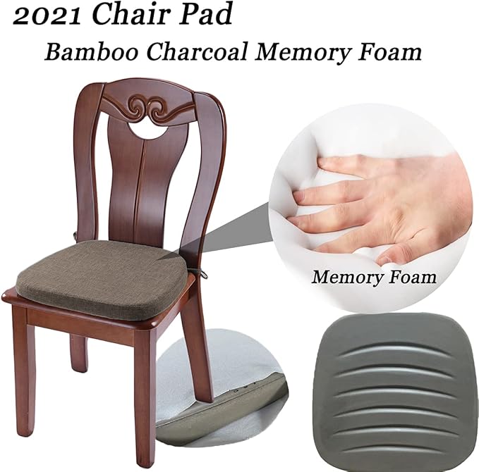 Chair Cushion with Ties for Dining Chairs - Memory Foam Non Slip Kitchen Chair Pad and Dining Seat Cushion with Machine Washable Cover Set of 4 [16.5 x 16.2 Inches] - Brown